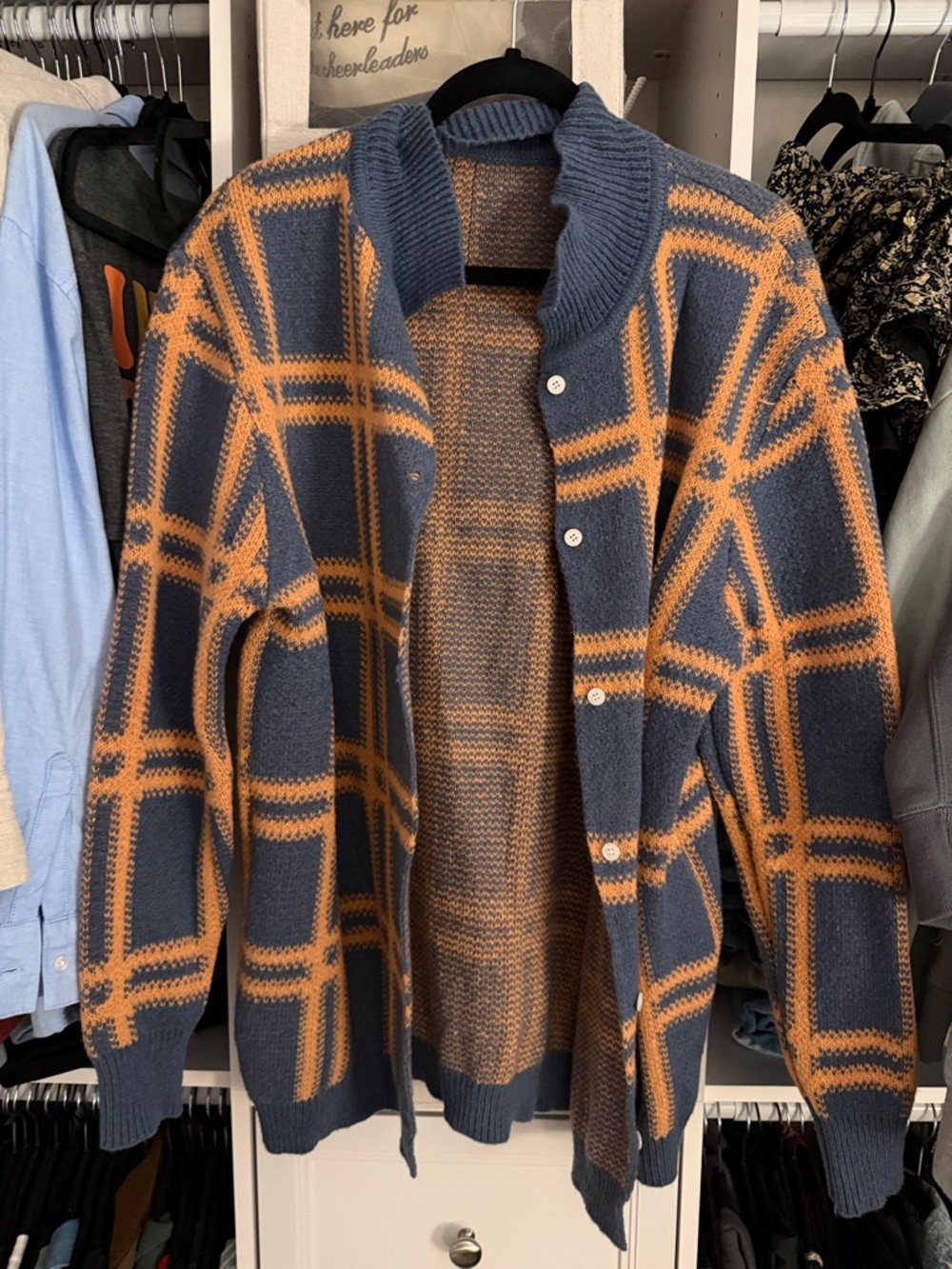 Macy's Blue and Orange Plaid Button-Up Cardigan Sweater